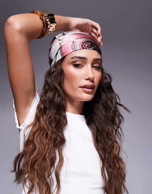 Esclusiva Kaiia - Foulard per capelli in raso con stampa multicolore rosa e crema