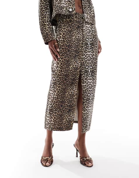 Esclusiva Kaiia - Gonna lunga in denim leopardata in misto cotone in coordinato - view 1