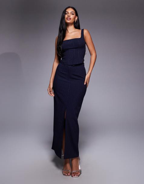 Esclusiva Kaiia - Gonna lunga sartoriale blu navy gessata in coordinato - view 1