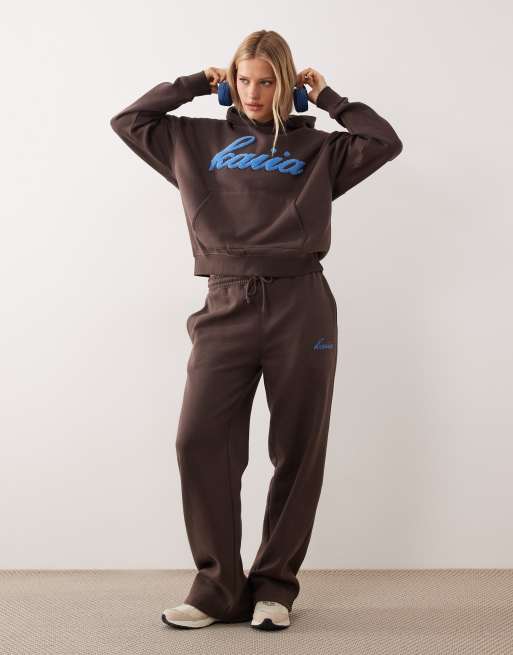Esclusiva Kaiia - Joggers con fondo ampio misto cotone color cioccolato e blu in coordinato, 1 di 5