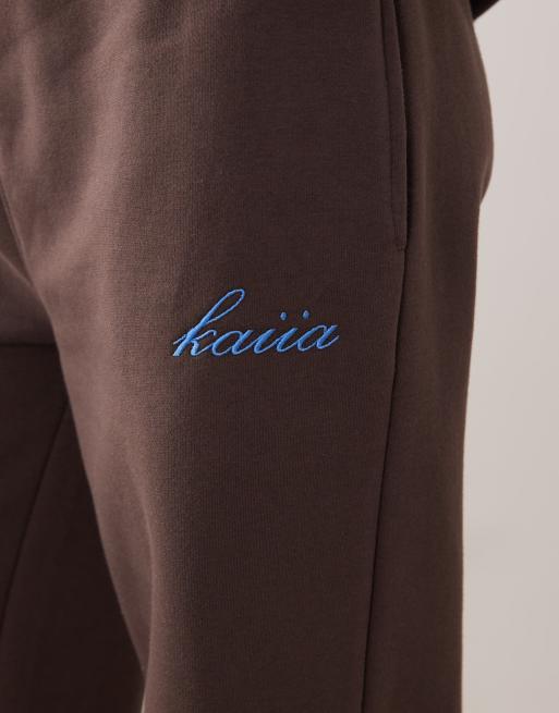Esclusiva Kaiia - Joggers con fondo ampio misto cotone color cioccolato e blu in coordinato, 4 di 5