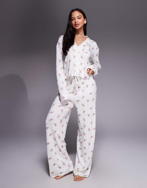 Esclusiva Kaiia - Pantaloni del pigiama ultra morbidi color crema con stampa di orsetti in coordinato