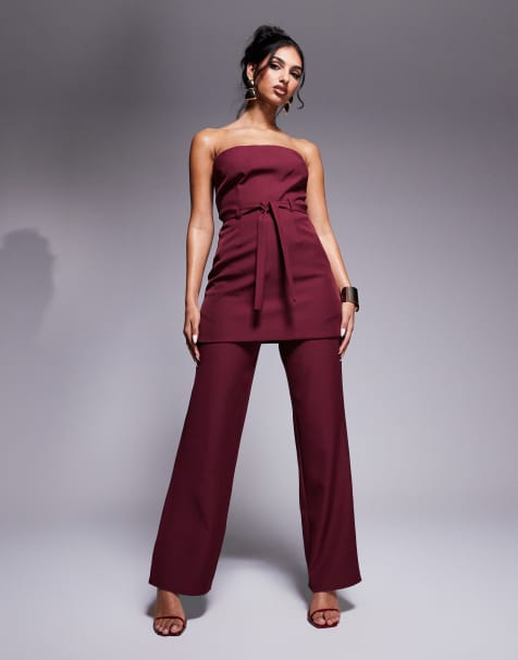 Esclusiva Kaiia - Pantaloni sartoriali a fondo ampio allacciati in vita color bordeaux in coordinato - view 1