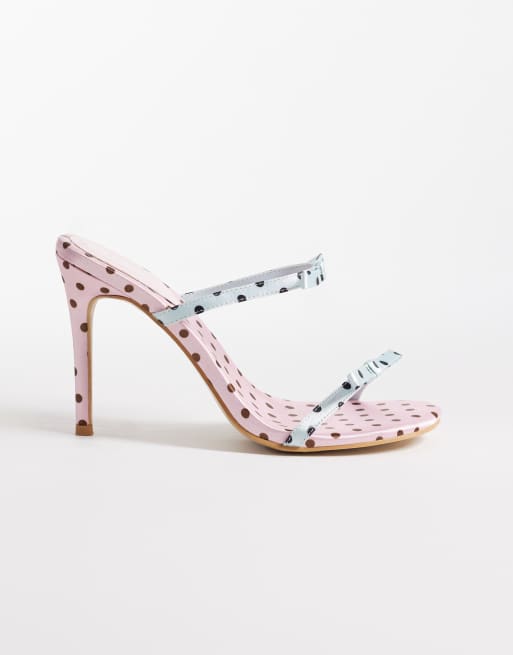 Esclusiva Kaiia - Scarpe con tacchetti a spillo blu e rosa confetto a pois con fiocco a contrasto, 1 di 4