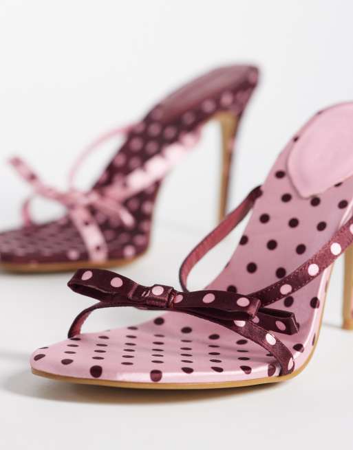 Esclusiva Kaiia - Scarpe con tacchetti a spillo bordeaux e rosa a pois con fiocco a contrasto, 3 di 4