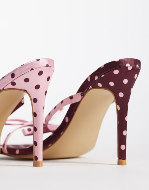Esclusiva Kaiia - Scarpe con tacchetti a spillo bordeaux e rosa a pois con fiocco a contrasto, 4 di 4