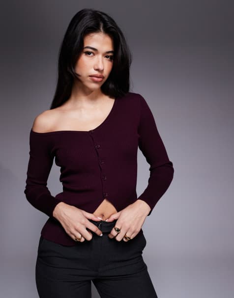 Esclusiva Kaiia - Top a maniche lunghe in maglia bordeaux con spalla scoperta, spacco sul davanti e bottoni - view 1