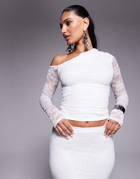 Esclusiva Kaiia - Top a maniche lunghe in pizzo bianco in misto cotone con spalla scoperta in coordinato - view 1