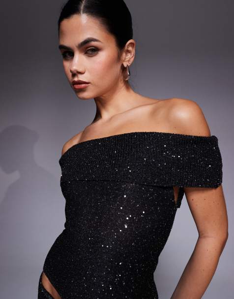 Esclusiva Kaiia - Top in maglia con scollo alla Bardot nero con paillettes in coordinato - view 1