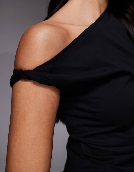 Esclusiva Kaiia - Top in misto cotone elasticizzato nero con spalle scoperte attorcigliate in coordinato, 3 di 4