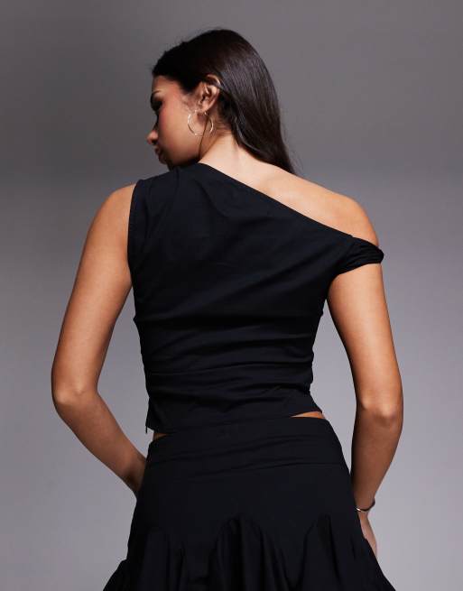 Esclusiva Kaiia - Top in misto cotone elasticizzato nero con spalle scoperte attorcigliate in coordinato, 4 di 4