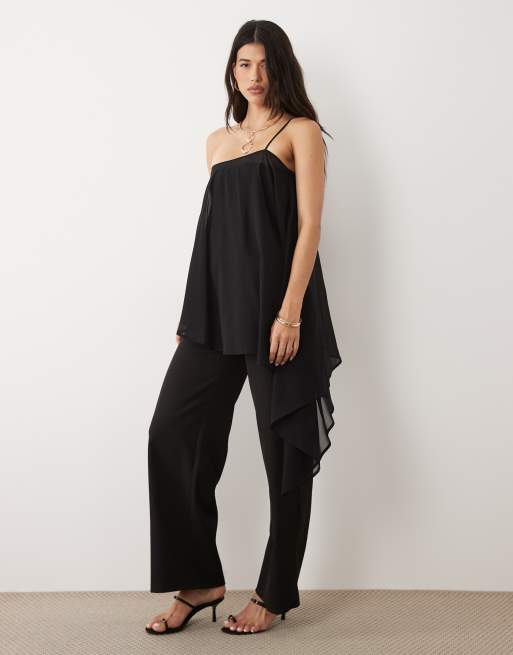 Esclusiva Kaiia - Top monospalla asimmetrico drappeggiato in chiffon nero in coordinato, 3 di 4