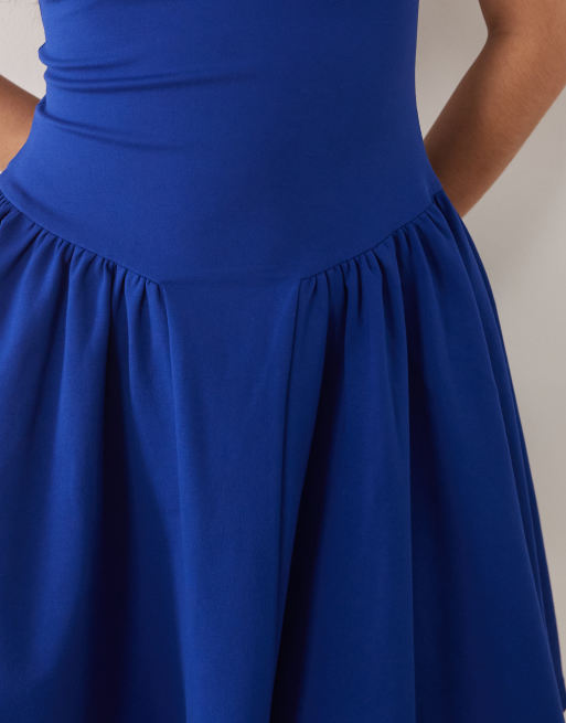 Esclusiva Kaiia - Vestito corto a maniche corte e collo alto blu navy in tessuto ponte, 4 di 4