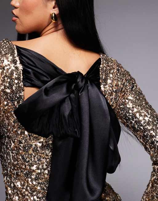 Esclusiva Kaiia - Vestito corto oro con fiocco sul retro, paillettes e scollo a barchetta, 4 di 4