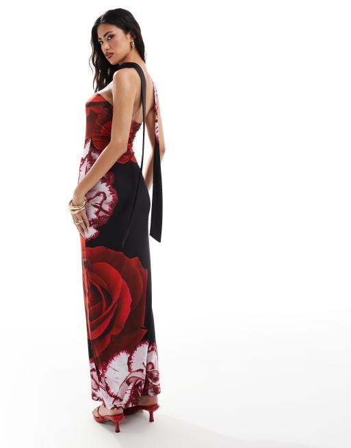 Abito lungo nero con rose rosse outlet