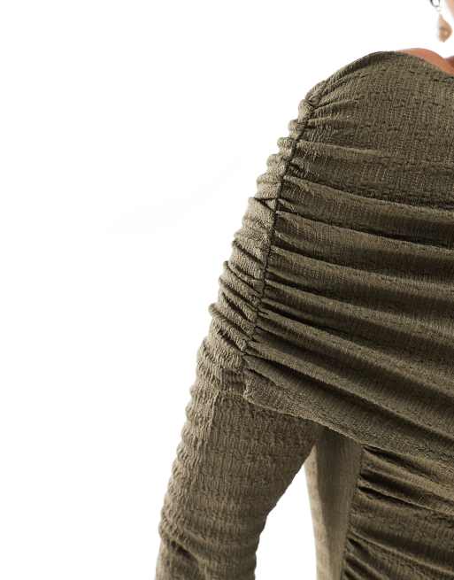 Esclusiva Kaiia - Vestito lungo a fascia verde oliva con spalle scoperte  , 3 di 4