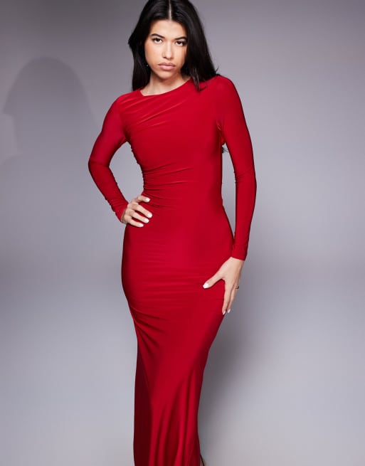 Esclusiva Kaiia - Vestito lungo a maniche lunghe a doppio strato con cut-out sul retro rosso ciliegia, 3 di 4