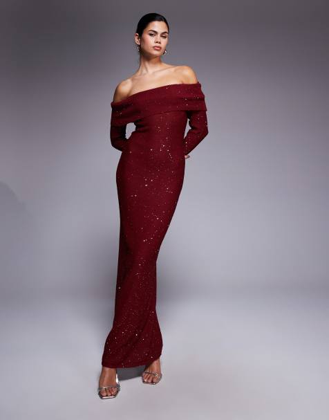 Esclusiva Kaiia - Vestito lungo in maglia a maniche lunghe con spalle scese bordeaux con paillettes - view 1