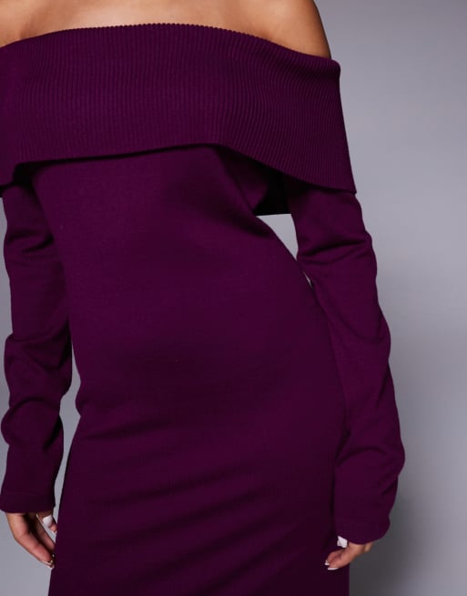 Esclusiva Kaiia - Vestito lungo in maglia color prugna extra largo con scollo alla Bardot risvoltato, 2 di 4