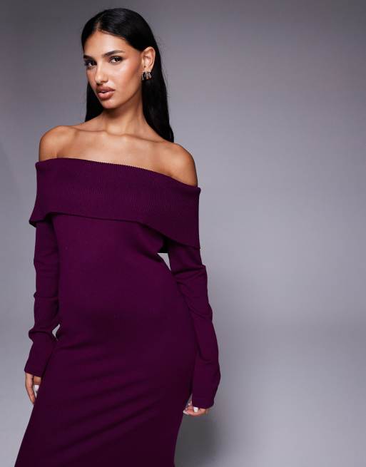 Esclusiva Kaiia - Vestito lungo in maglia color prugna extra largo con scollo alla Bardot risvoltato, 3 di 4