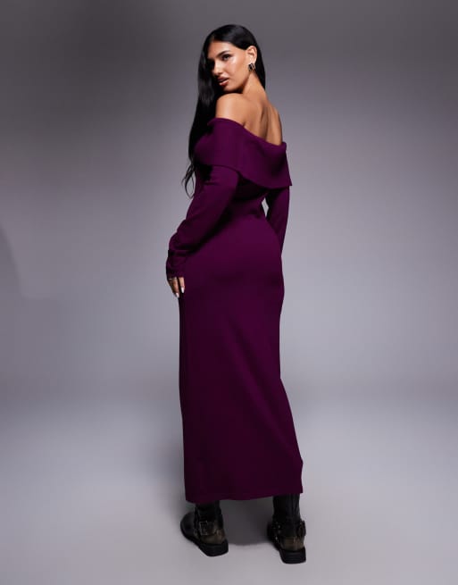 Esclusiva Kaiia - Vestito lungo in maglia color prugna extra largo con scollo alla Bardot risvoltato, 4 di 4