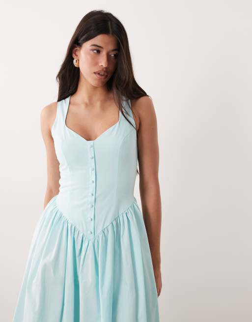 Esclusiva Kaiia - Vestito lungo in popeline di cotone celeste con scollo a cuore e bottoni con vita scesa a V, 2 di 4