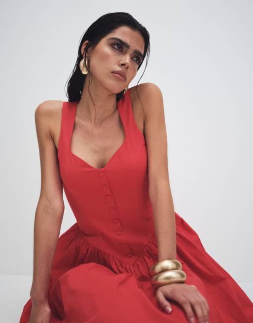Esclusiva Kaiia - Vestito lungo in popeline di cotone rosso con scollo a cuore con bottoni e vita scesa a V, 3 di 8