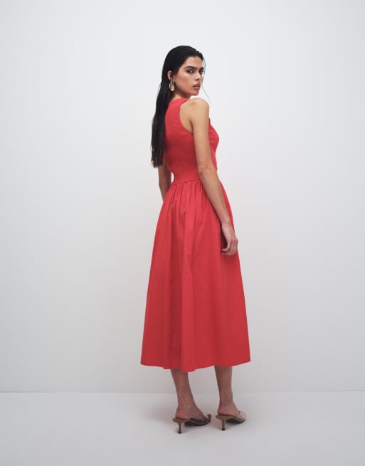 Esclusiva Kaiia - Vestito lungo in popeline di cotone rosso con scollo a cuore con bottoni e vita scesa a V, 4 di 8