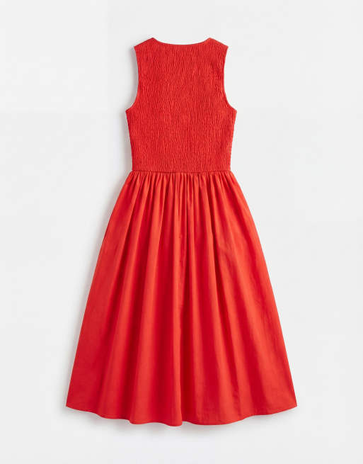 Esclusiva Kaiia - Vestito lungo in popeline di cotone rosso con scollo a cuore con bottoni e vita scesa a V, 6 di 8