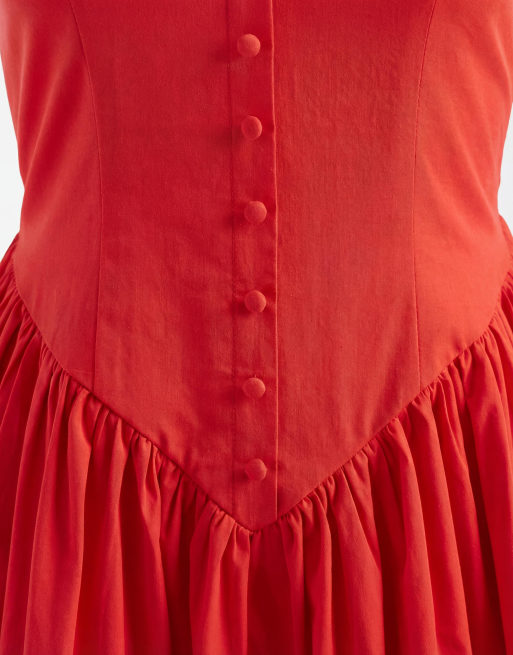 Esclusiva Kaiia - Vestito lungo in popeline di cotone rosso con scollo a cuore con bottoni e vita scesa a V, 7 di 8