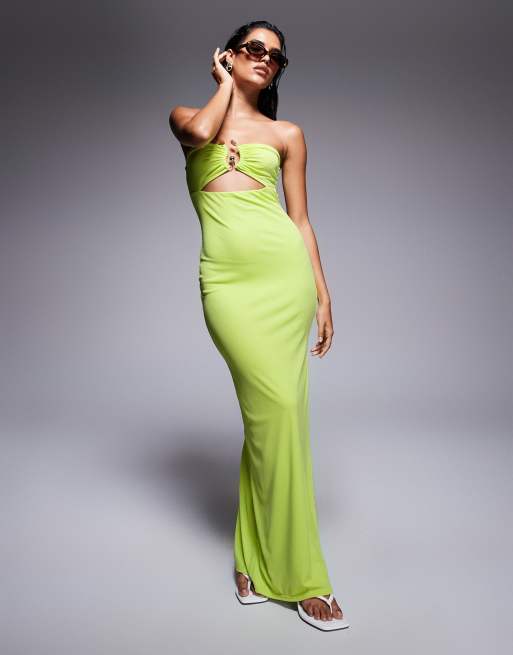 Esclusiva Kaiia - Vestito lungo sinuoso a fascia a doppio strato verde lime con spacco sulla coscia e dettaglio in metallo color oro sul busto