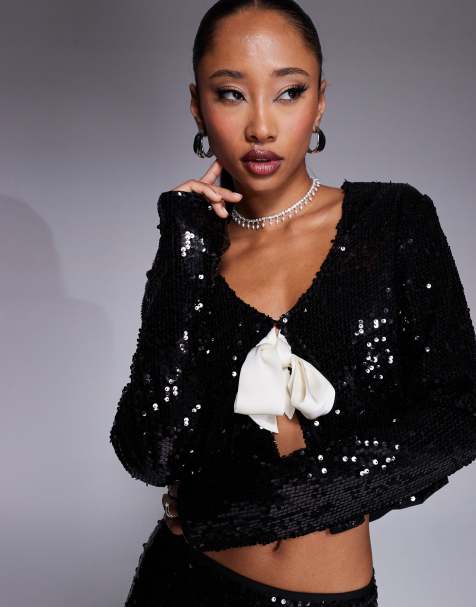 Esclusiva Kaiia x Sasha Corte - Top nero allacciato sul davanti con fiocco a contrasto e paillettes in coordinato - view 1