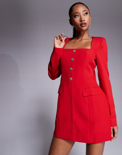 Esclusiva Kaiia x Sasha Corte - Vestito midi rosso sartoriale con scollo squadrato e bottoni di strass , 2 di 4