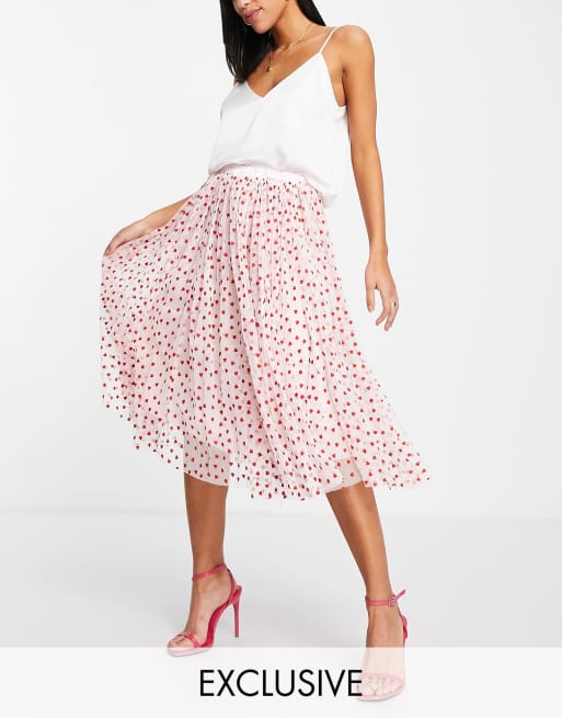 Esclusiva Lace & Beads - Gonna midi in tulle color cipria con stampa di cuori piccoli