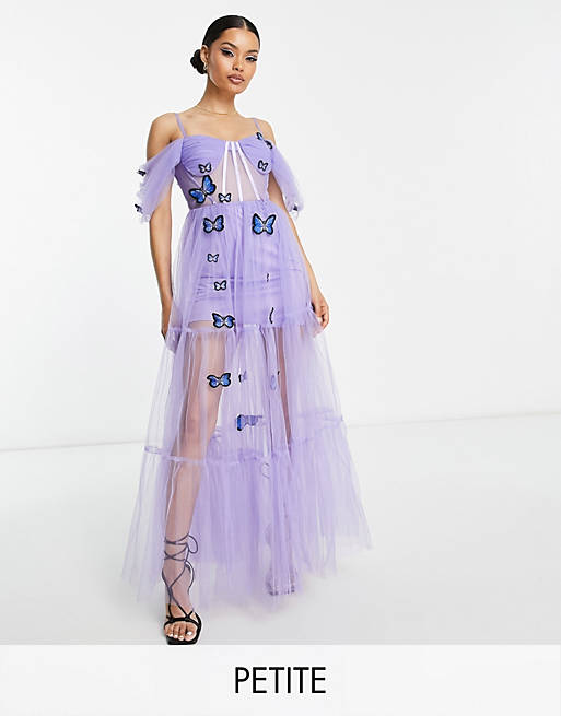 Esclusiva Lace & Beads Petite - Vestito a corsetto lilla trasparente con ricamo di farfalle in 3D
