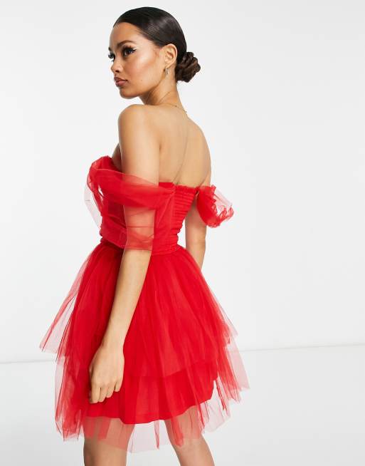 Lace & Beads - Vestito corto con strato in tulle rosso con corsetto