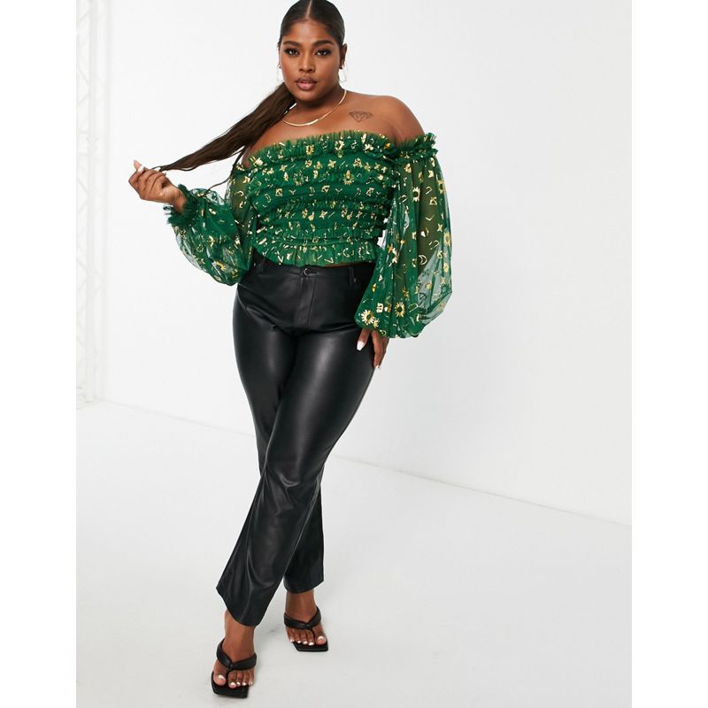 Donna Top Esclusiva Lace & Beads Plus - Top con spalle scoperte in tulle verde smeraldo con zodiaco