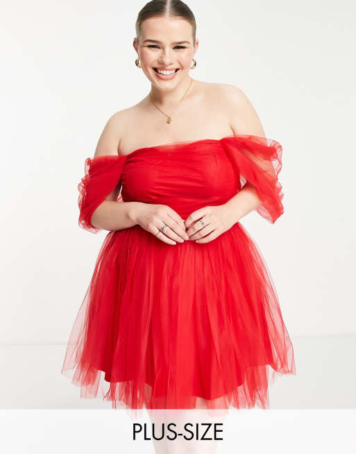 Esclusiva Lace & Beads Plus - Vestito corto avvolgente in tulle con spalle scoperte rosso pillarbox