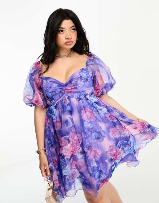 Esclusiva Lace & Beads Plus - Vestito corto in organza blu cobalto a fiori con maniche a sbuffo