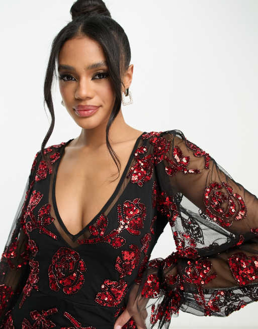 Esclusiva Lace & Beads - Vestito lungo a maniche lunghe con applicazioni rosse miste, 3 di 4