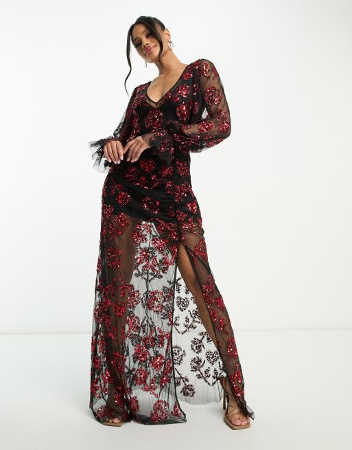 Esclusiva Lace & Beads - Vestito lungo a maniche lunghe con applicazioni rosse miste, 4 di 4