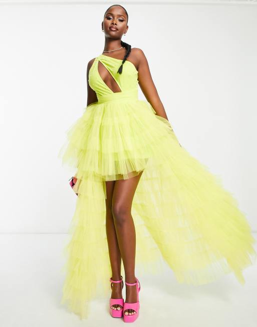Esclusiva Lace & Beads - Vestito lungo in tulle decorato color lime con cut-out 