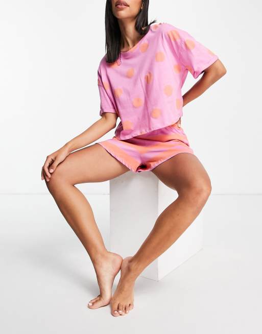 Esclusiva Lindex - Lara - Pigiama con camicia e pantaloncini in cotone corallo e lilla a righe e a pois - MULTI