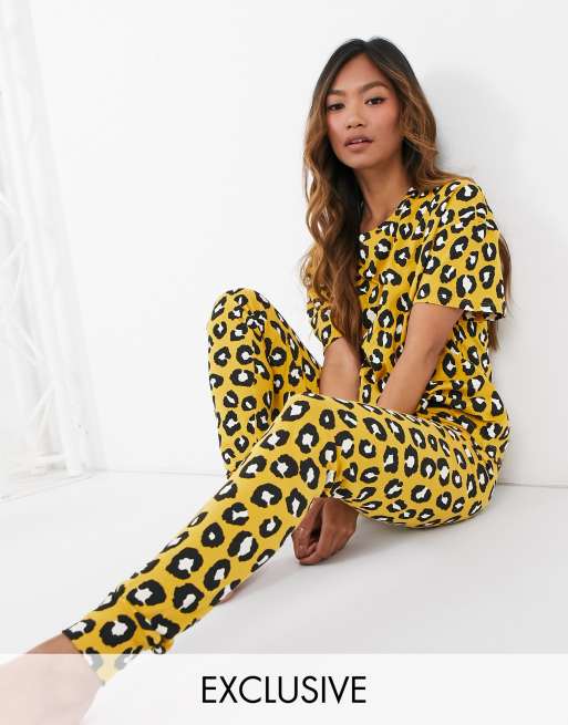 Esclusiva Lindex - Set con leggings e T-shirt in cotone colore neutro con stampa leopardata - YELLOW