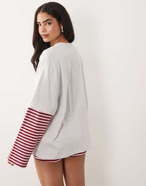 Esclusiva Lioness - Bloom - Maglietta oversize 2 in 1 a maniche lunghe a righe rosse e rosa in coordinato, 3 di 4