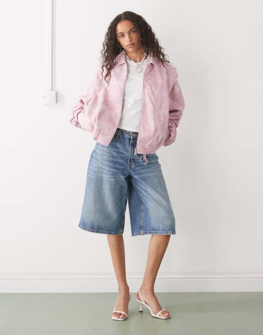 Esclusiva Lioness - Bomber in pelle sintetica rosa con cuciture a contrasto