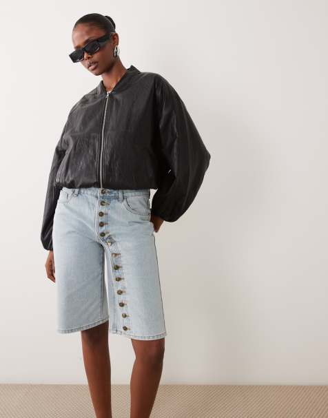 Esclusiva Lioness Penny - Jorts asimmetrici vestibilità comoda in denim lavaggio chiaro con bottoni - view 1
