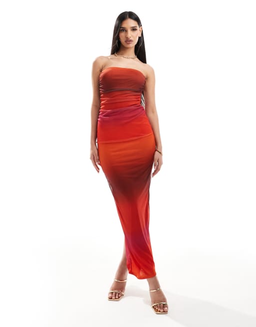 Esclusiva Missy Empire - Vestito lungo a fascia in rete arricciata arancione sfumato