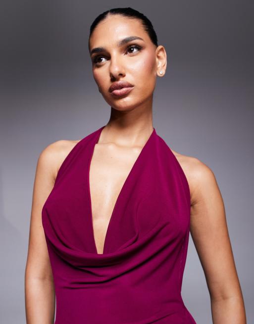 Esclusiva Murci - Vestito lungo allacciato al collo color prugna in rete con scollo ad anello e schiena scoperta, 4 di 4