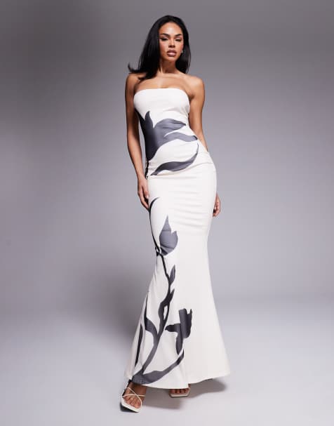 Esclusiva Murci - Vestito lungo fasciante con gonna a sirena in rete bianco con fiori neri - view 1